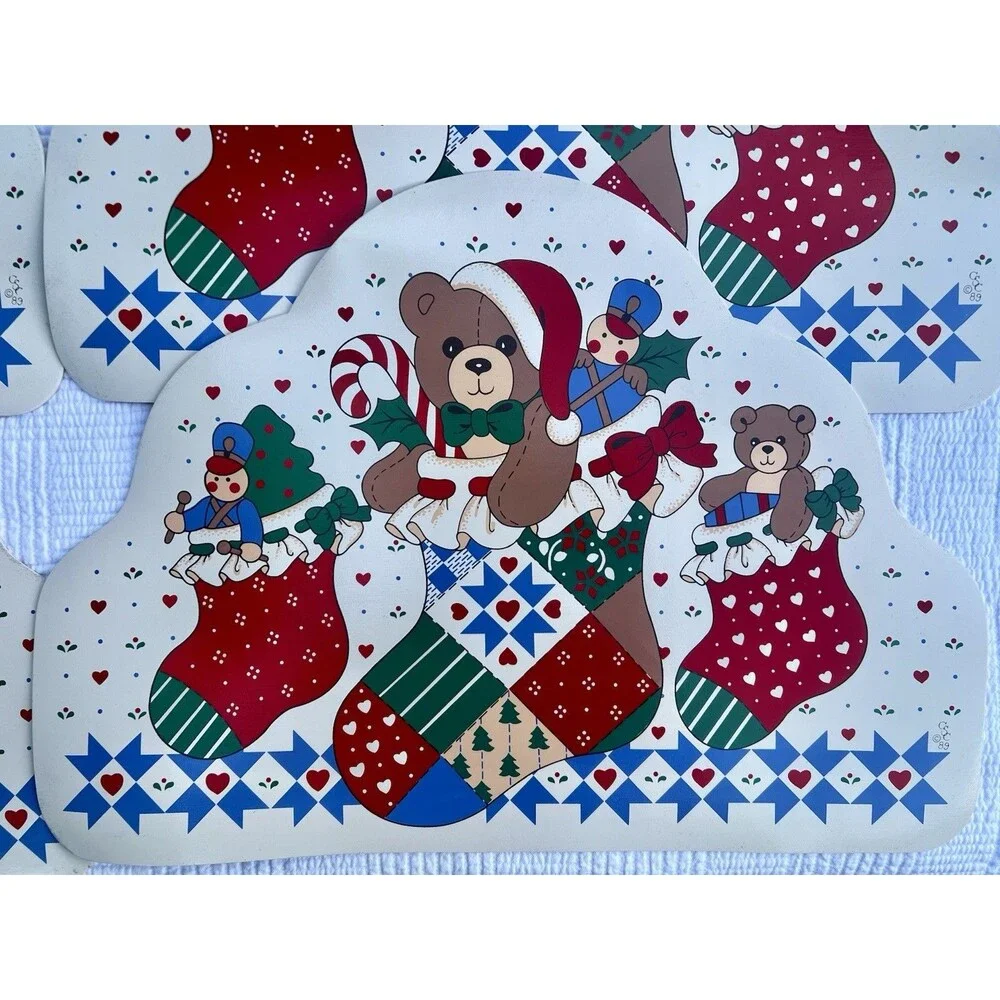 Vintage 1989 Christmas Teddy Bear Placemats – Set of 4 Large Holiday Table Mats